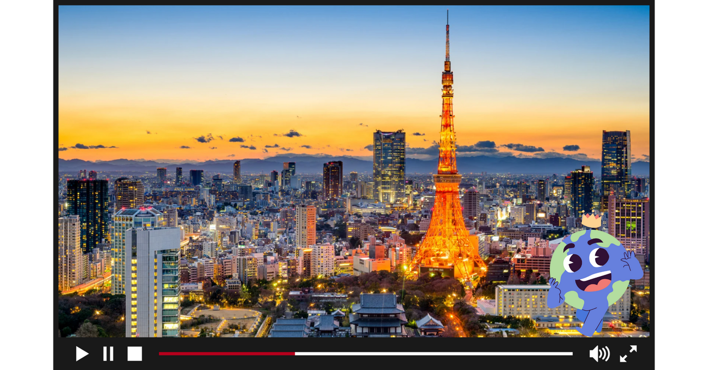 A Youtube-style player featuring the Tokyo Tower in Japan at sunset, with Globie in the corner.