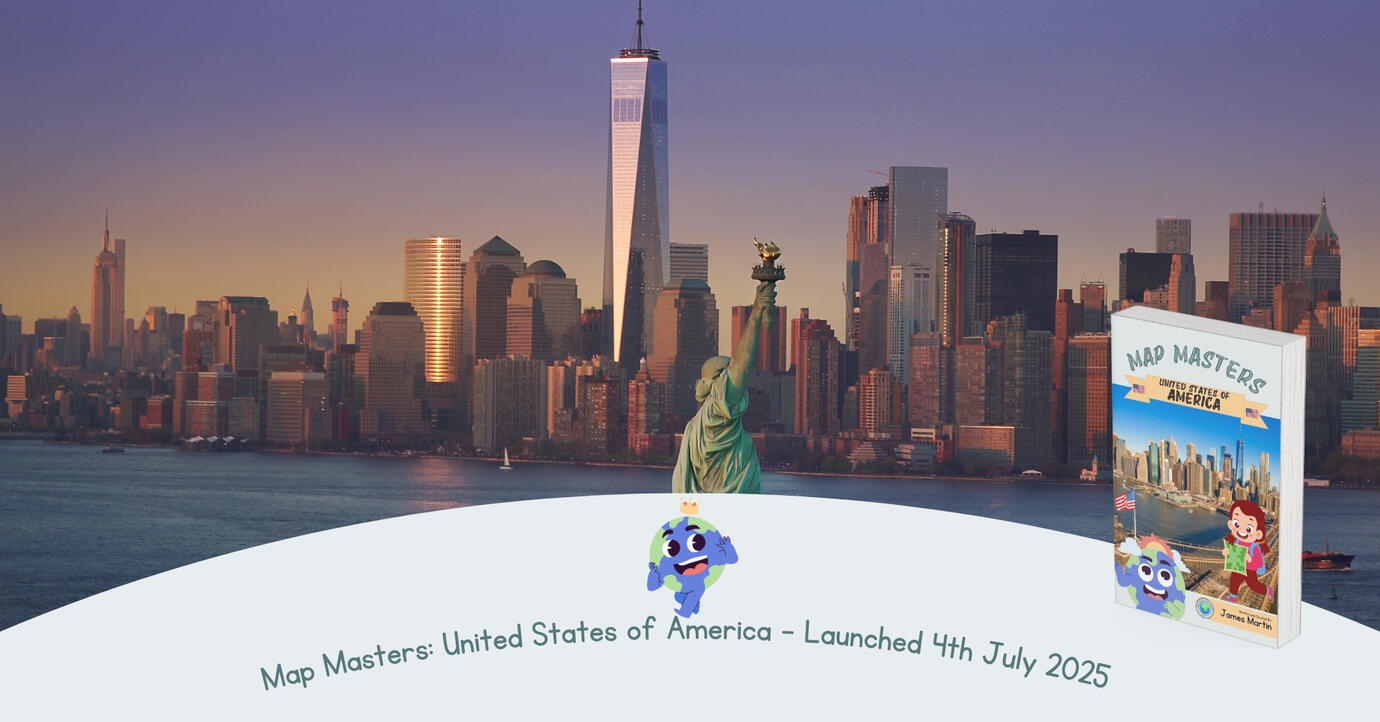 An image of Manhattan, New York City with the Empire State Building and other skyscrapers. The graphic reads 'Map Masters USA Book launching on Kindle and Paperback July 4th for all our young explorers!"