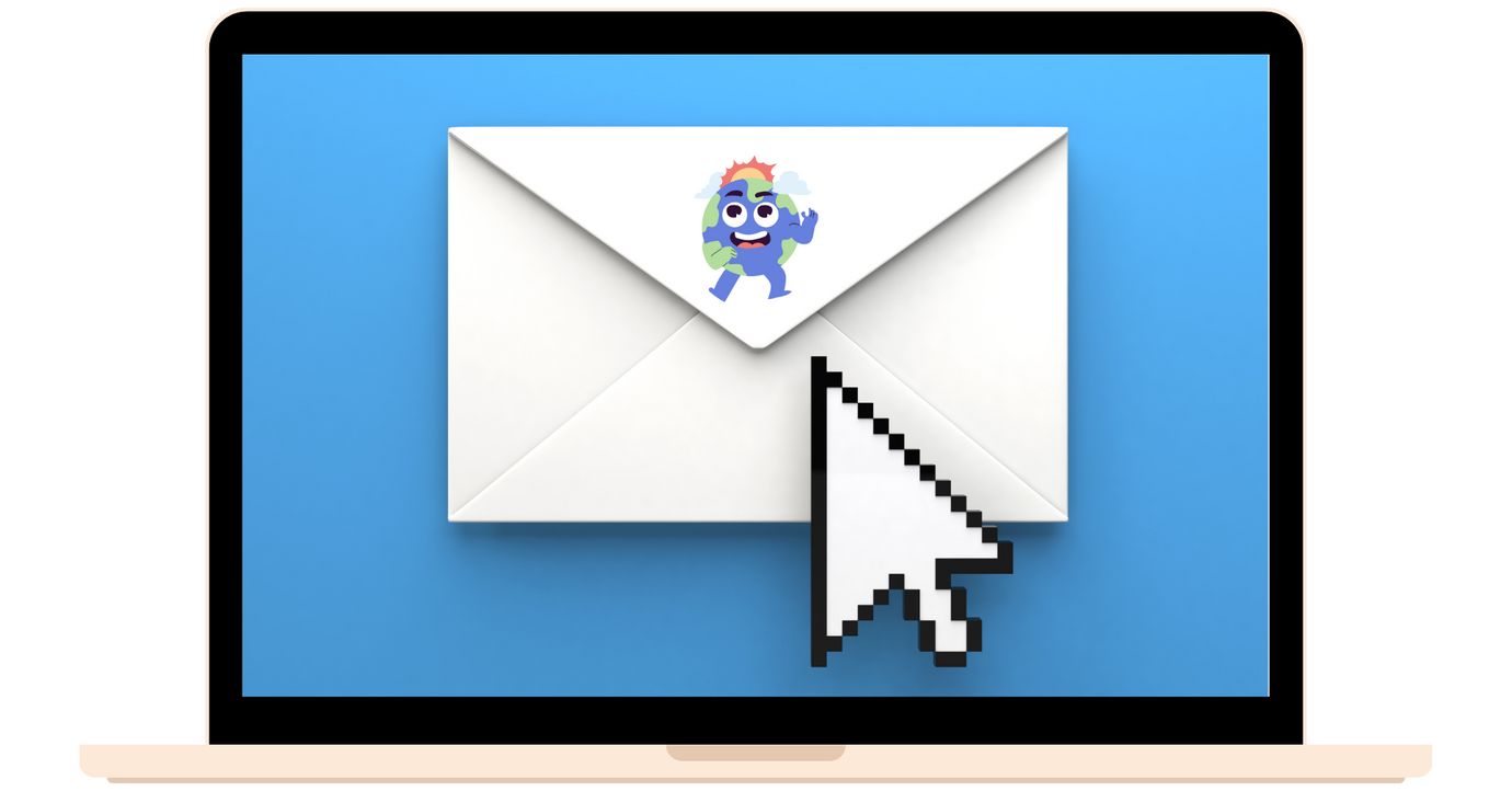 An image of a laptop, with a mouse cursor clicking an envelope that has Globie on it.