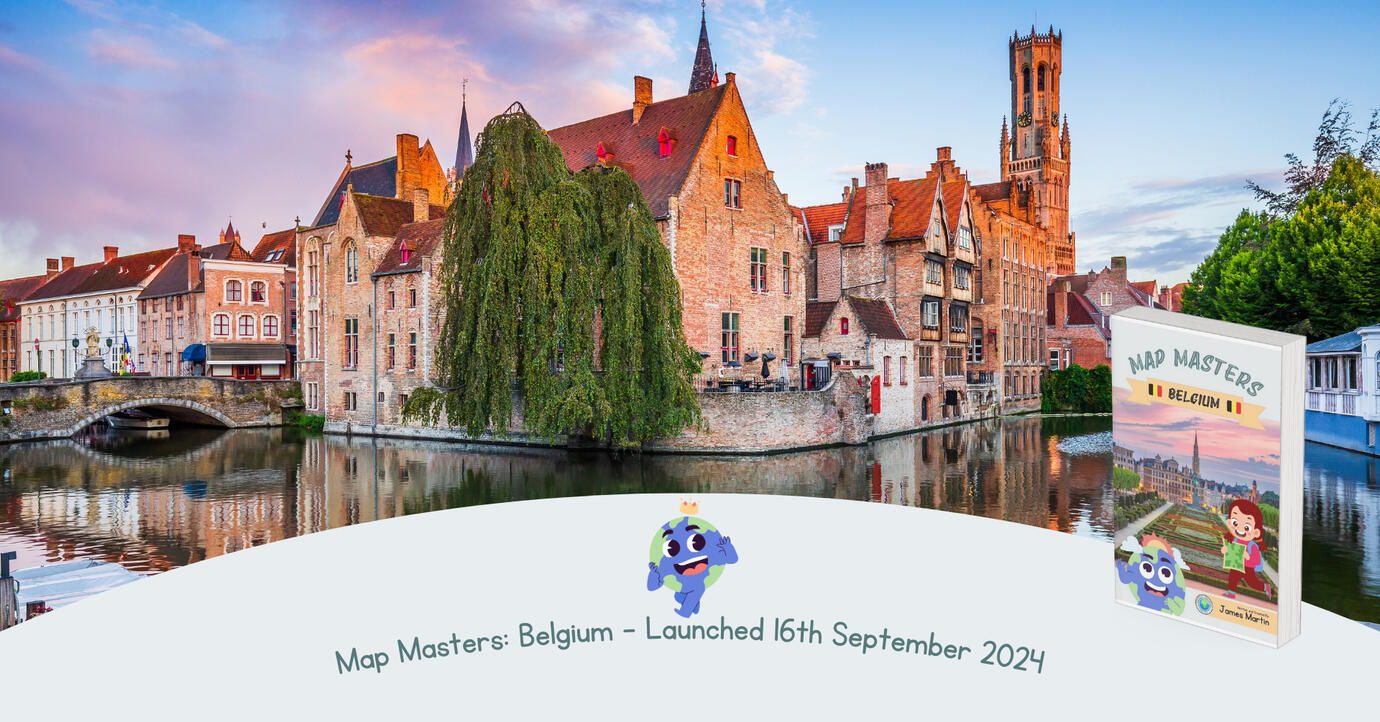 An image of the Canals and Belfort in Bruges with the cover of Map Masters: Belgium, which launched 16th September 2024.
